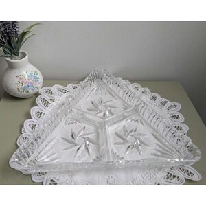 Vintage Crystal Divided Serving Dish, Pinwheel Cut Glass, 3 Section Relish Tray